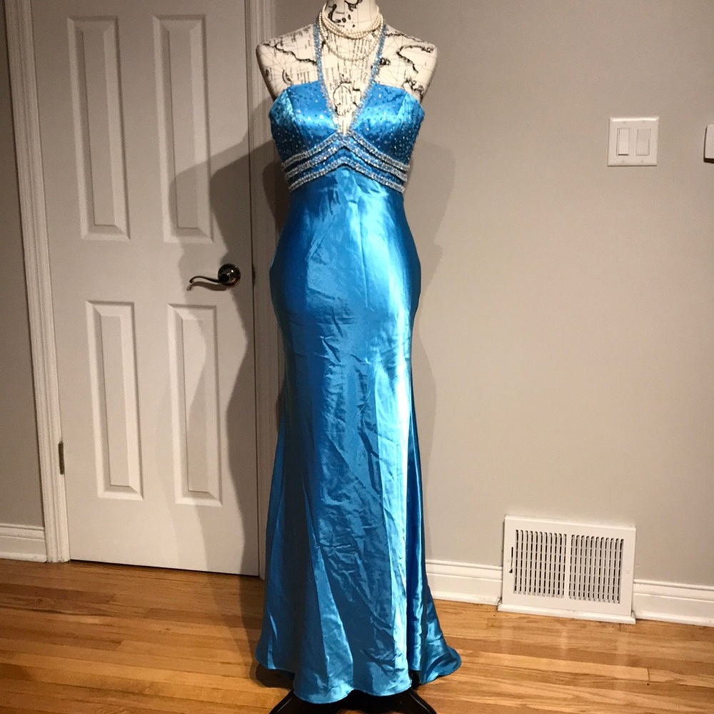 Mori Lee Vintage Y2k Mermaid Satin Halter Formal Evening High Low Beads Pencil 7